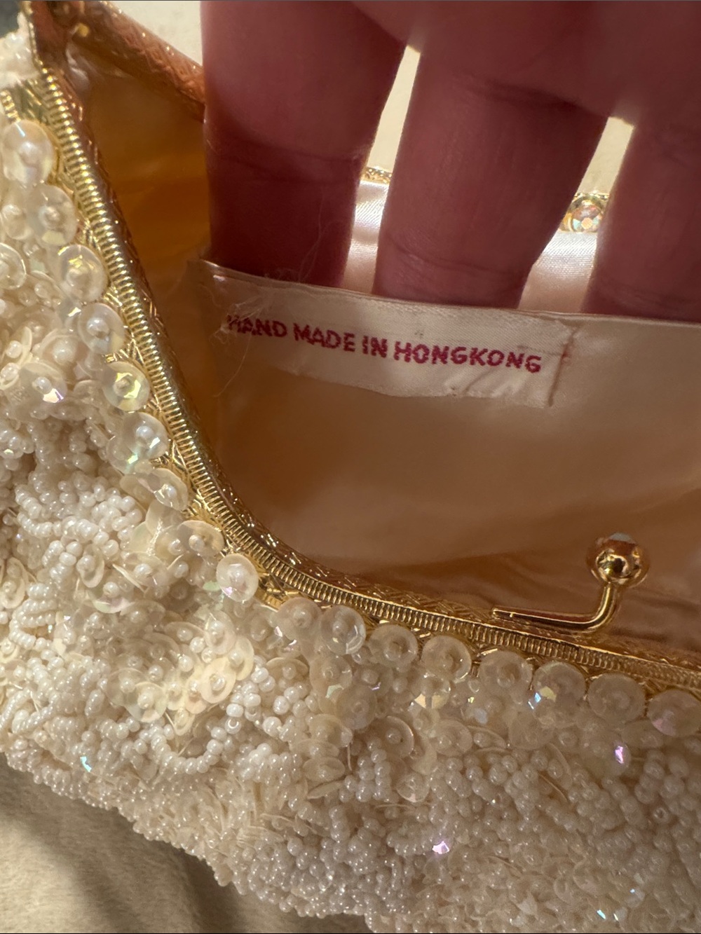 Ivory Sequin Beaded Handbag with Gold Handle - Picture 3 of 3